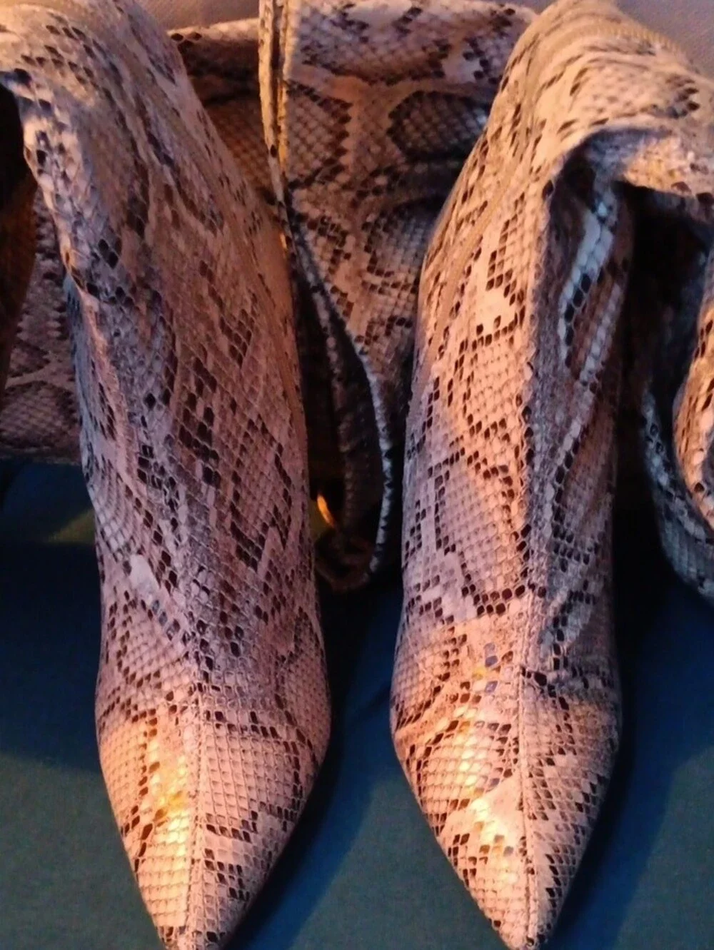 Snake-Print Thigh-High Stiletto Boots - Beige/Black